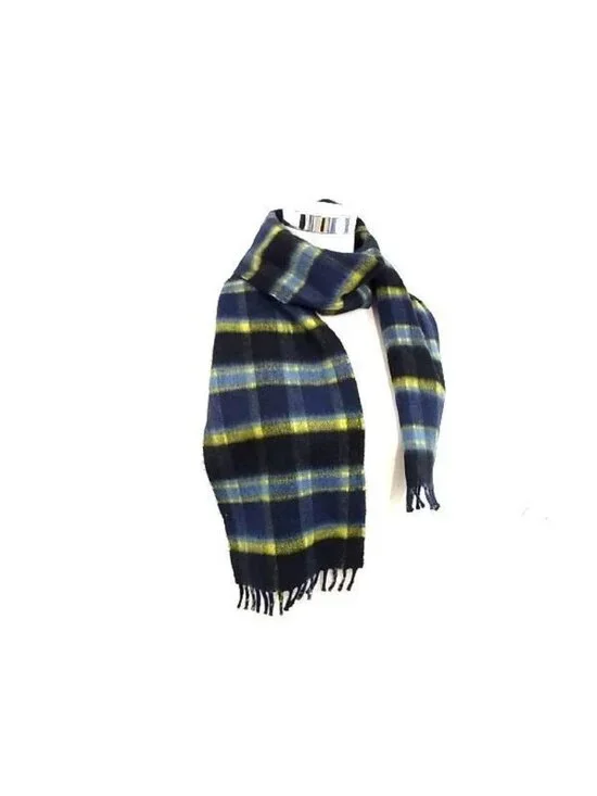 Prada Scarf Navy Yellow Cashmere Plaid Fringe - Picture 3 of 5